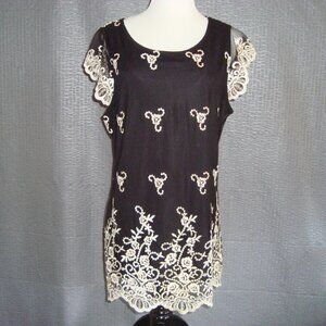 NWT Charter Club Black White Gold Lace Embroidery Short Cap Sleeves Blouse Sz L